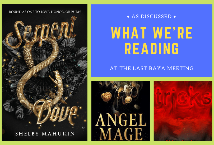 Book Covers of Serpent and Dove by Shelby Mahurin, Angel Mage by Garth Nix, and Trick by Ellen Hopkins.