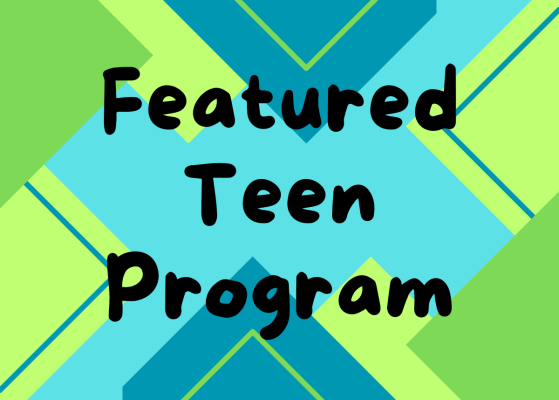 Geometric shapes in blues and greens around text "Featured Teen Program"