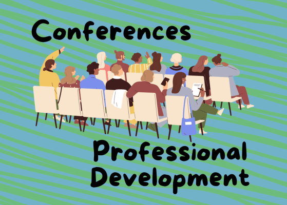 Text: Conferences, Professional Development, Image: Green and blue streaked background with a back view of 13 people in two rows of seats doing miscellaneous things, though appear to be engaging in a presentation.