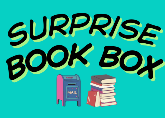Text "Surprise Book Box" with an outdoor mailbox and stack of books under the text.